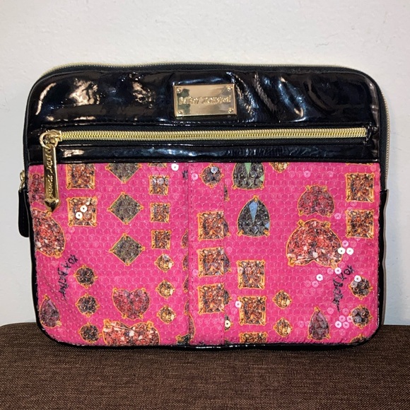 Betsey Johnson Pink & Black Sequin 10" Tablet Laptop Case - Picture 1 of 7